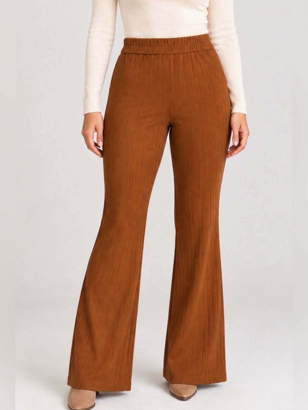 Lark + Grey Brown Warm Cognac Fall Ribbed Flare Pants Pull On Stretch Size L